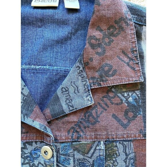 Chico's Size 1 M Lightweight Denim Jacket Comic Strip Sequin Beaded Embellished - Picture 6 of 8